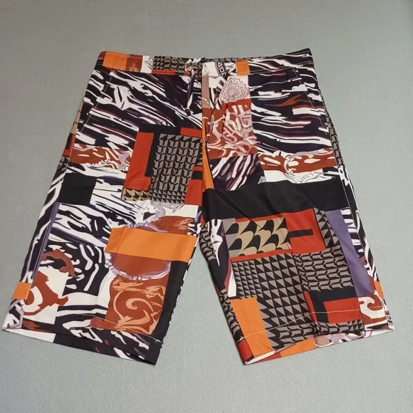 Mens Geometric Abstract Print 2 Piece Set Orange Black White Tunic and Shorts - Picture 13 of 13